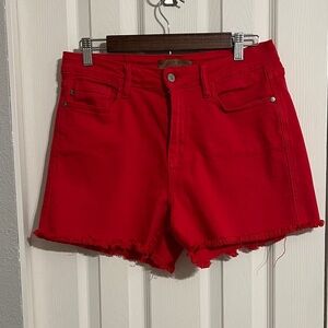 Judy Blue Bright Red High-Rise Frayed Hem Jean Shorts